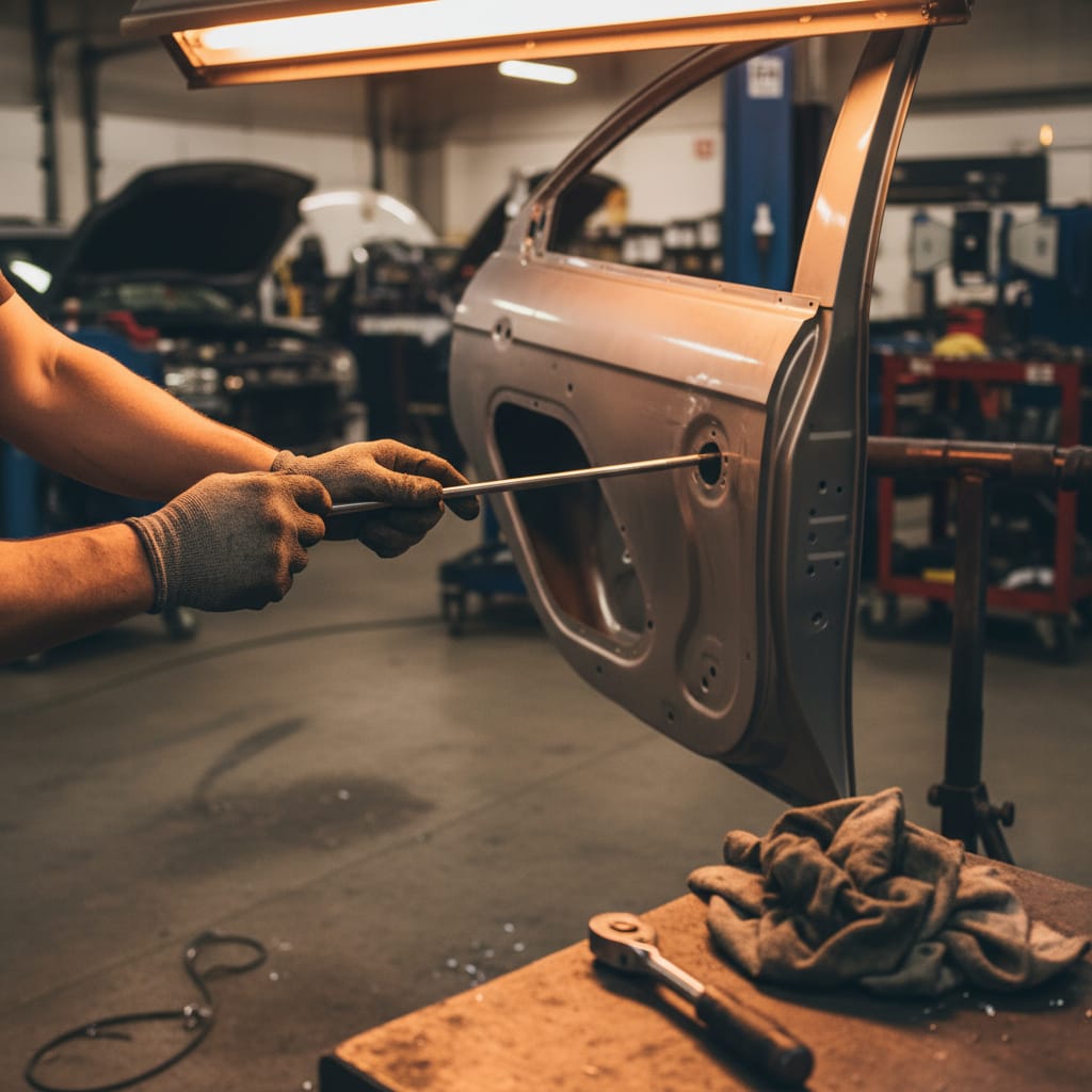 Technician using a PDR rod to push out a dent from behind a car door panel in a body shop, warm amber tungsten lighting