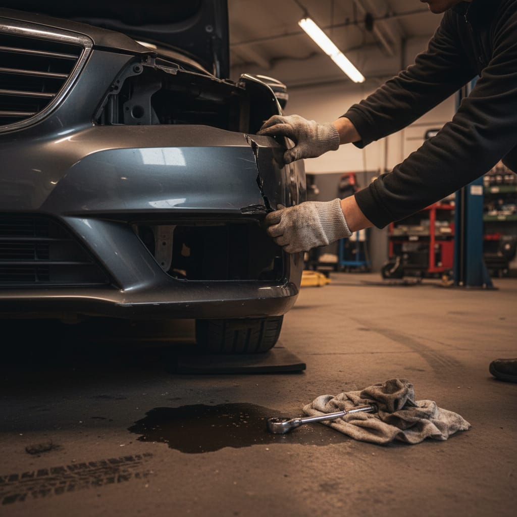 Cover: close-up of a technician assessing a cracked plastic bumper cover in a body shop, warm amber tungsten lighting, authentic repair environment, no full face visible