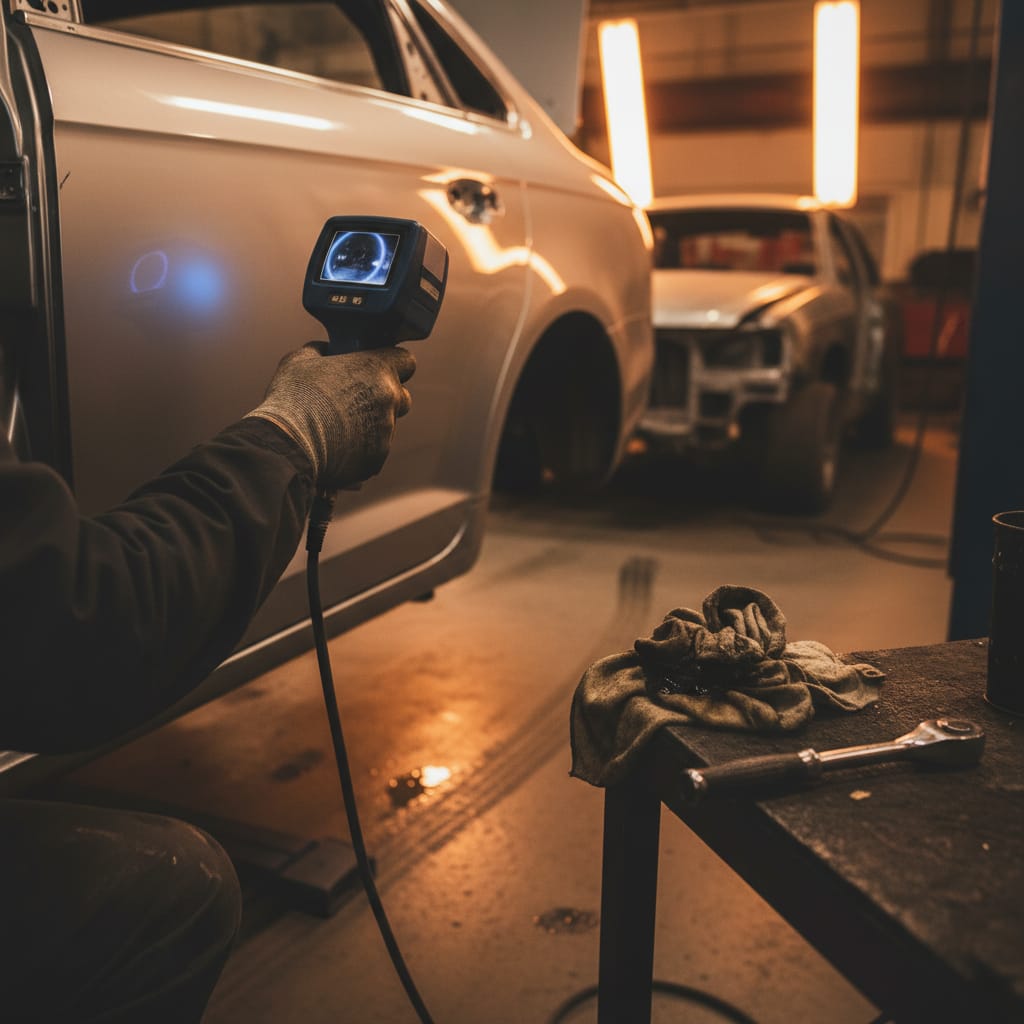 Technician holding a spectrophotometer against a car door panel to read the existing paint color in a body shop, amber overhead tungsten lighting