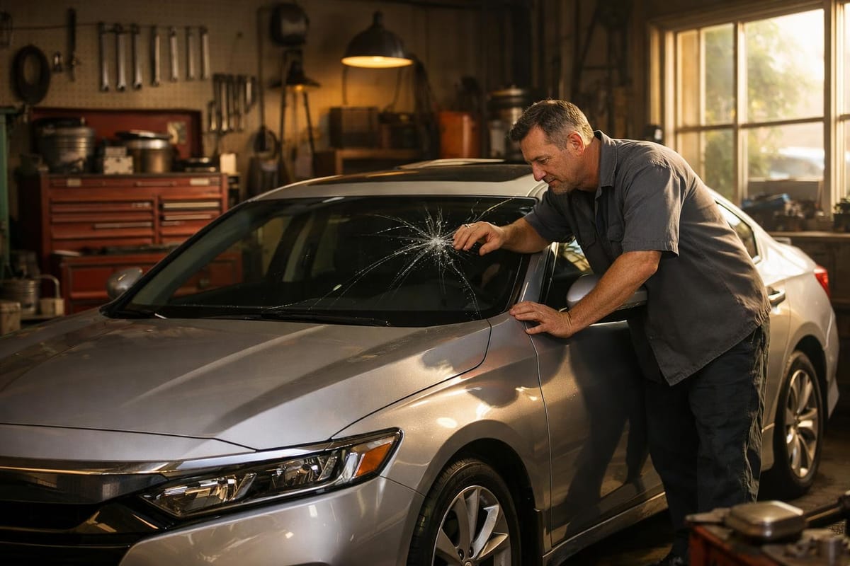 Technician inspecting a cracked windshield on a Honda Accord inside an auto repair shop