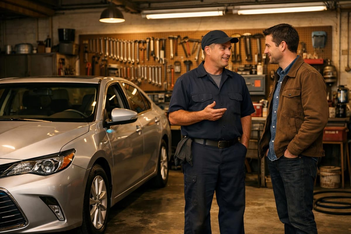 Customer and technician talking at a family-owned auto glass shop next to a Toyota Camry