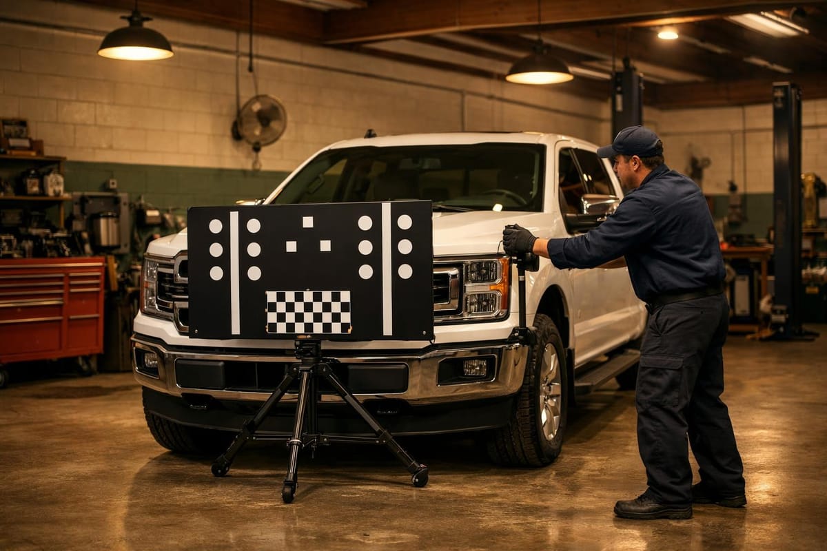 Technician performing ADAS recalibration on a Ford F-150 after windshield replacement