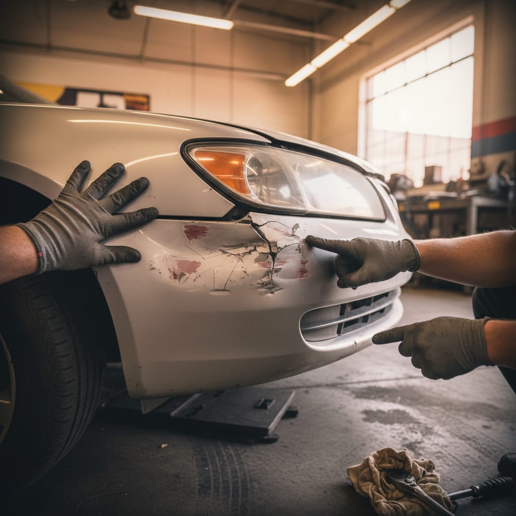 Close-up of a crumpled fender on a silver passenger car showing a deep dent with cracked paint and primer exposed, amber overhead garage lighting, eye-level rule of thirds