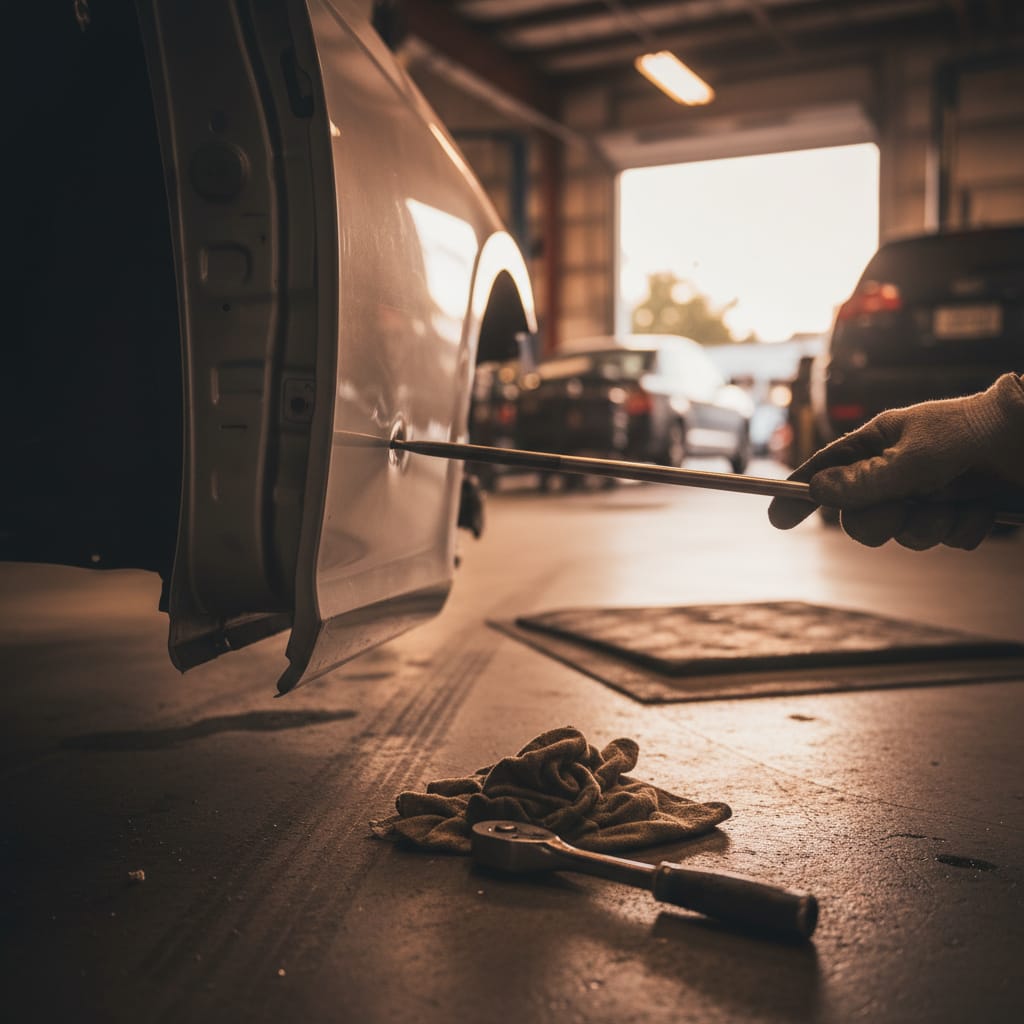 Technician's hands using a PDR metal rod to push out a dent from behind a fender panel, shop lighting, close-up detail shot