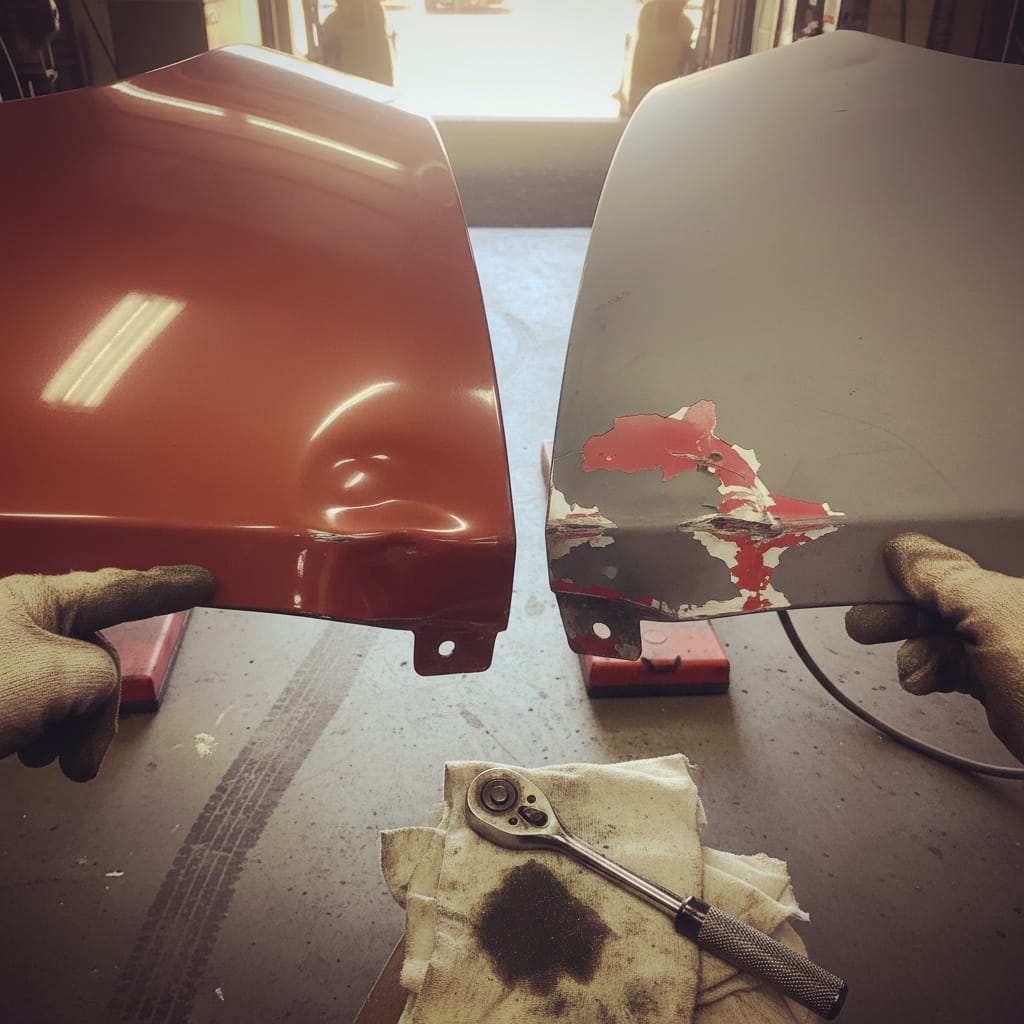 Side-by-side comparison of two fender panels: left panel shows an intact-paint shallow dent, right panel shows a fender with cracked paint and deep crease damage, body shop lighting