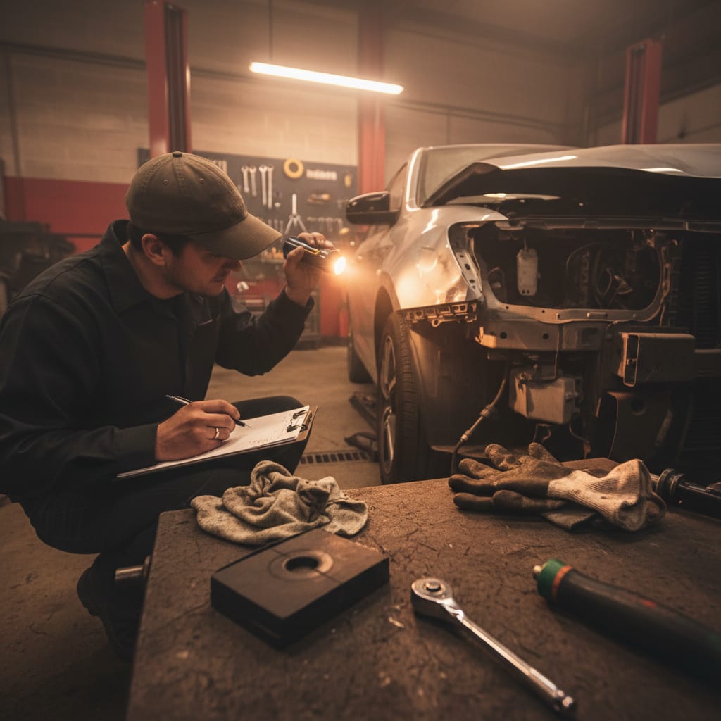 Shop estimator inspecting fender damage with a flashlight and writing on a clipboard, body shop environment, warm amber overhead lighting