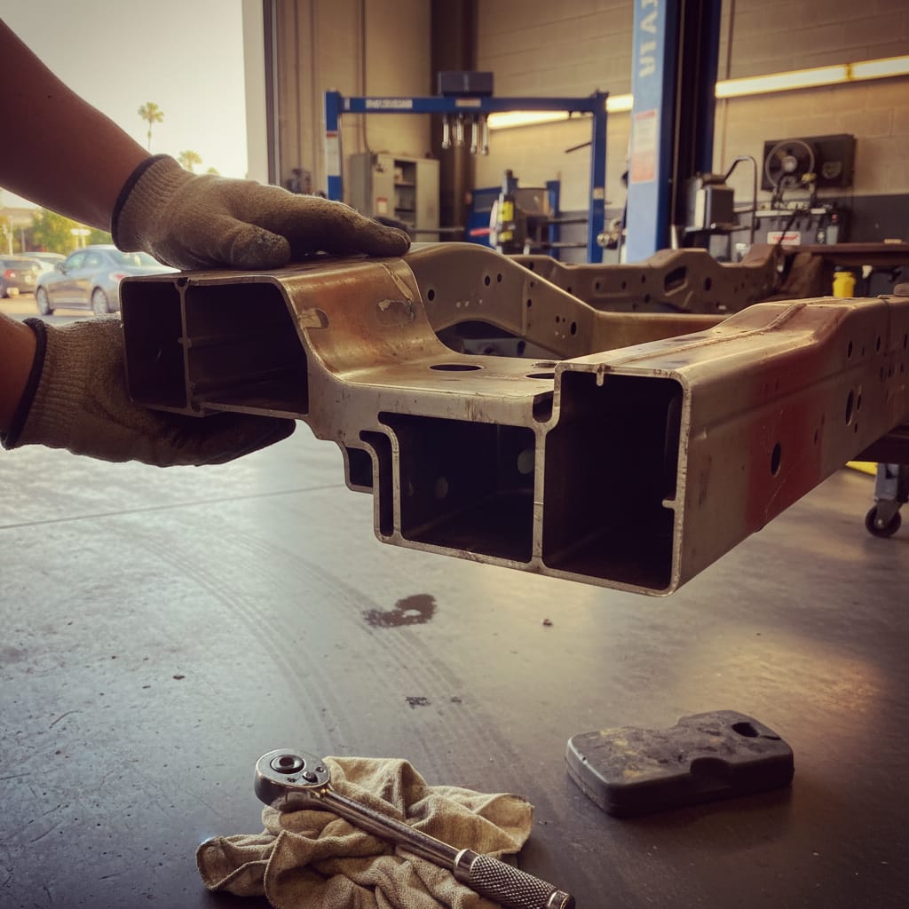 Cutaway view of unibody vehicle frame structure showing crumple zones