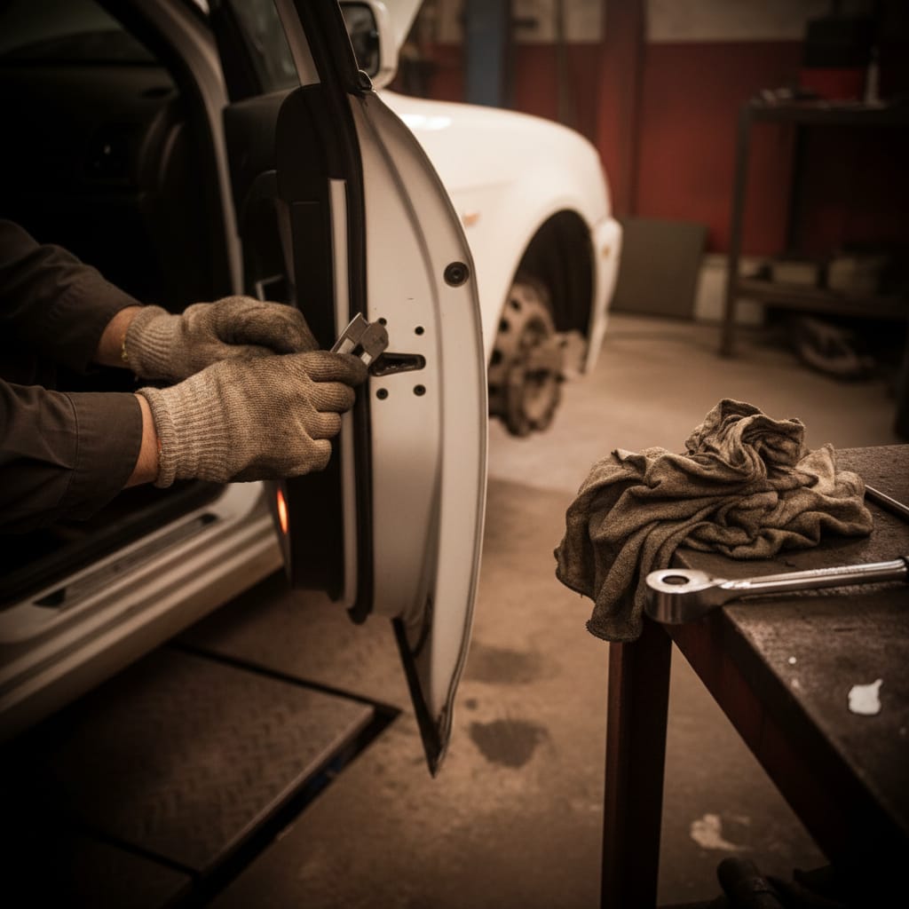Technician's gloved hands measuring uneven door gap on a sedan with a gap gauge
