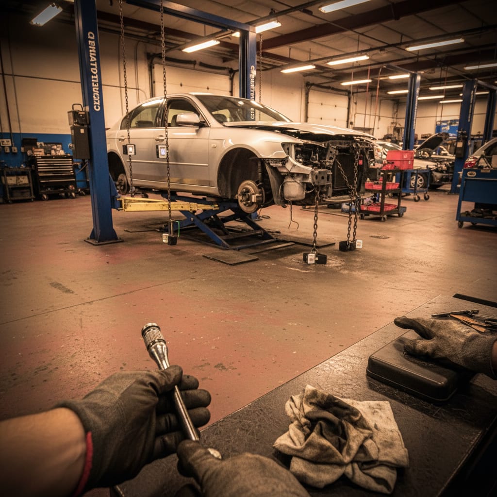 Hydraulic frame machine with pull towers and measuring targets on an anchored sedan