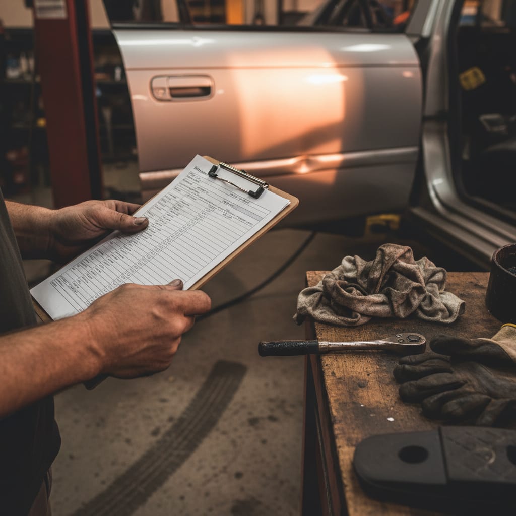 Hands reviewing insurance estimate paperwork on a clipboard with a dented car door in background