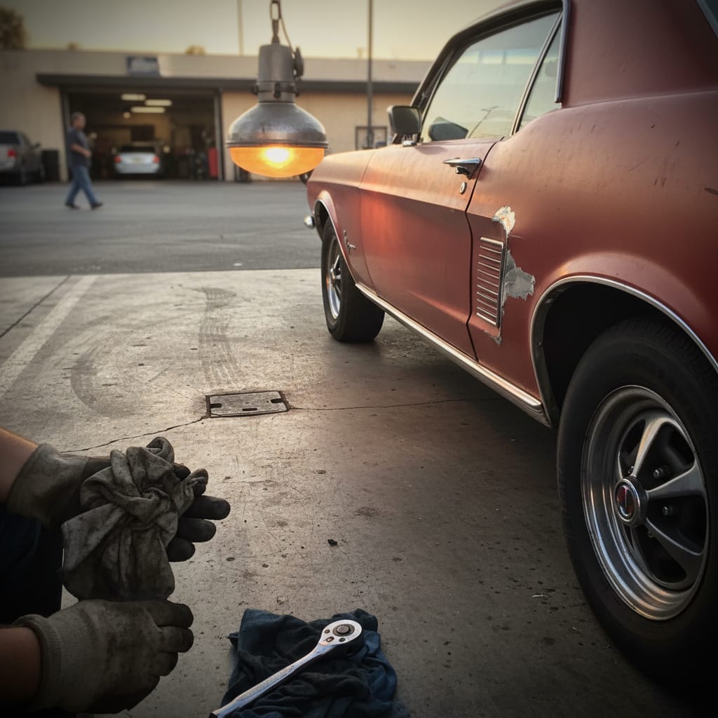 A parked car in a lot with fresh side panel damage, no other vehicle nearby, daylight, showing the lonely aftermath of a hit-and-run