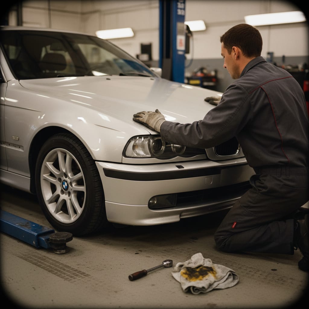 BMW sedan in a pristine body shop bay, technician in uniform inspecting the hood with overhead lights illuminating the paint surface