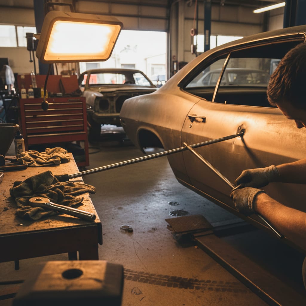 Technician using a long PDR rod behind a removed car door panel to push out a dent, amber overhead tungsten lighting in a body shop