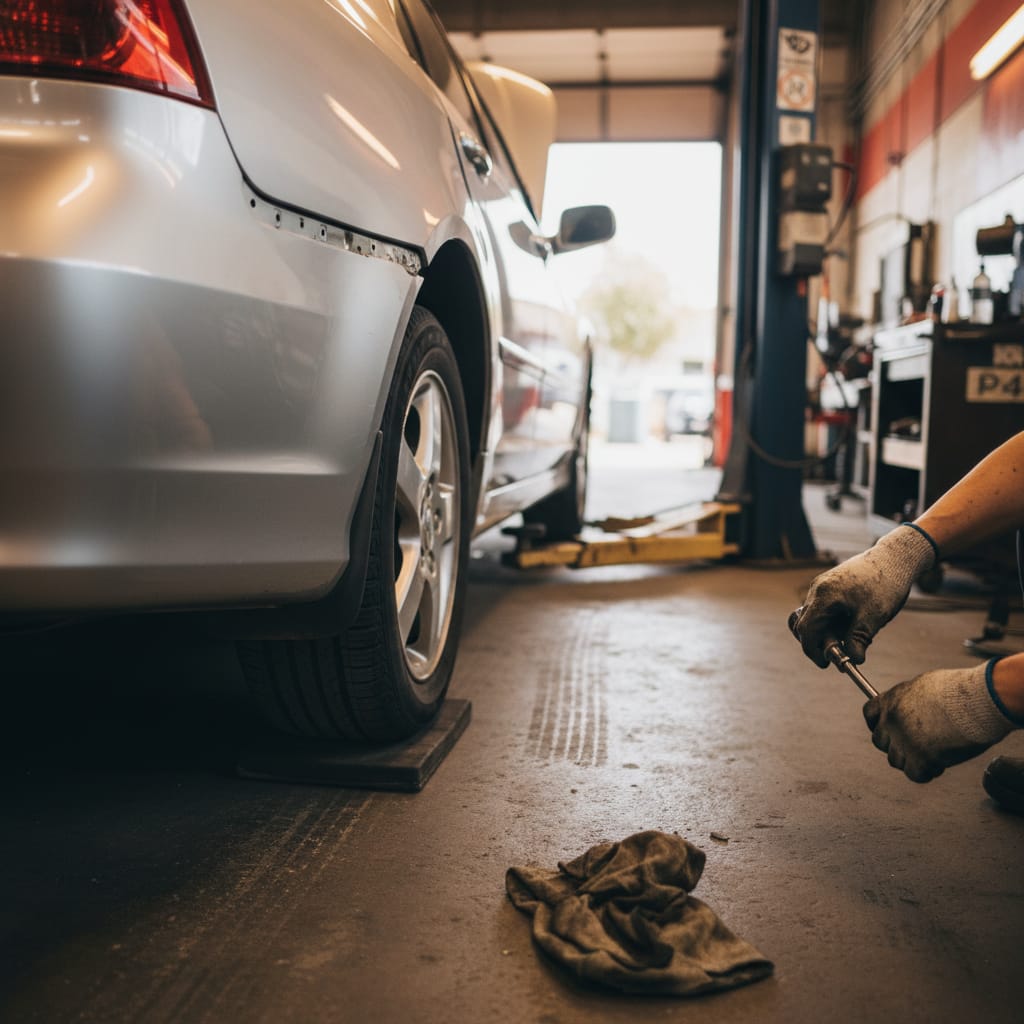 Damaged rear quarter panel on a silver sedan, deep crease running along the wheel arch, body shop background with lift visible