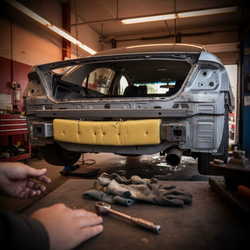 Rear bumper cover removed from a sedan, showing foam energy absorber and steel reinforcement bar, warm amber garage lighting, eye-level shot