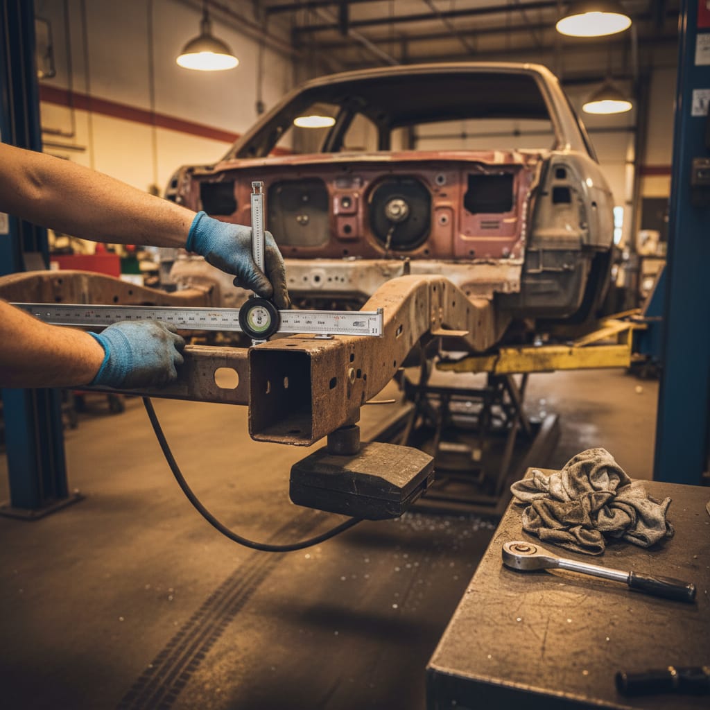 Automotive frame measurement being taken on rear rails of a vehicle on a frame machine, warm tungsten overhead lighting, close-up of measurement equipment on bare metal floor pan, authentic workshop environment