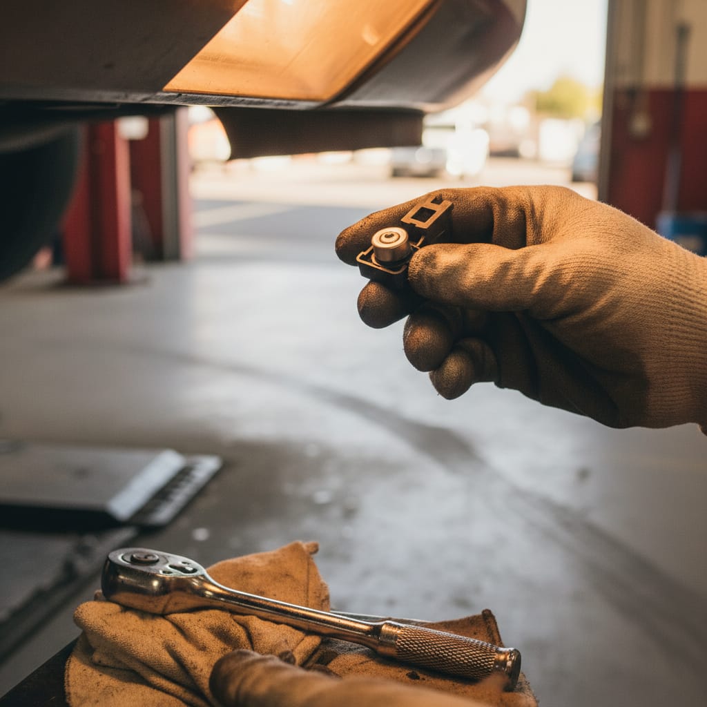 Close-up of a rear bumper parking sensor and backup camera bracket being inspected in a body shop, amber garage lighting, technician's hands in frame holding a small sensor, no full faces