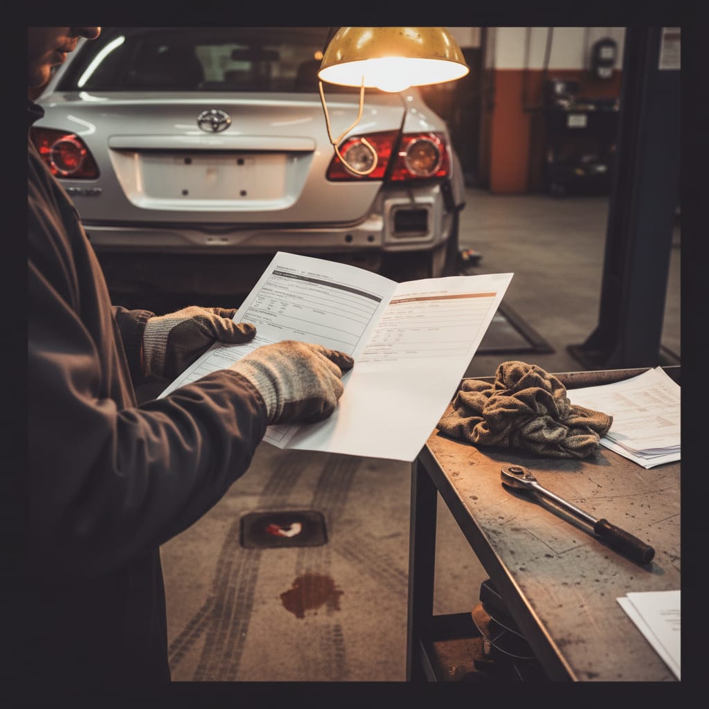 Insurance adjuster and shop estimator reviewing a printed collision repair estimate next to a damaged vehicle in a well-lit body shop bay, amber tungsten lighting, papers visible, no full faces, warm earthy tones