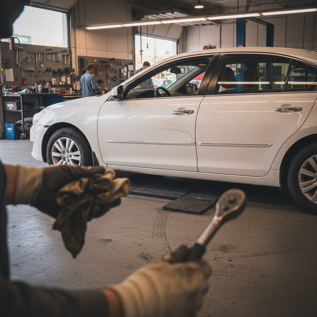 Long scrape running from the front door to the rear quarter panel on a white sedan, parked on a street, overcast natural light