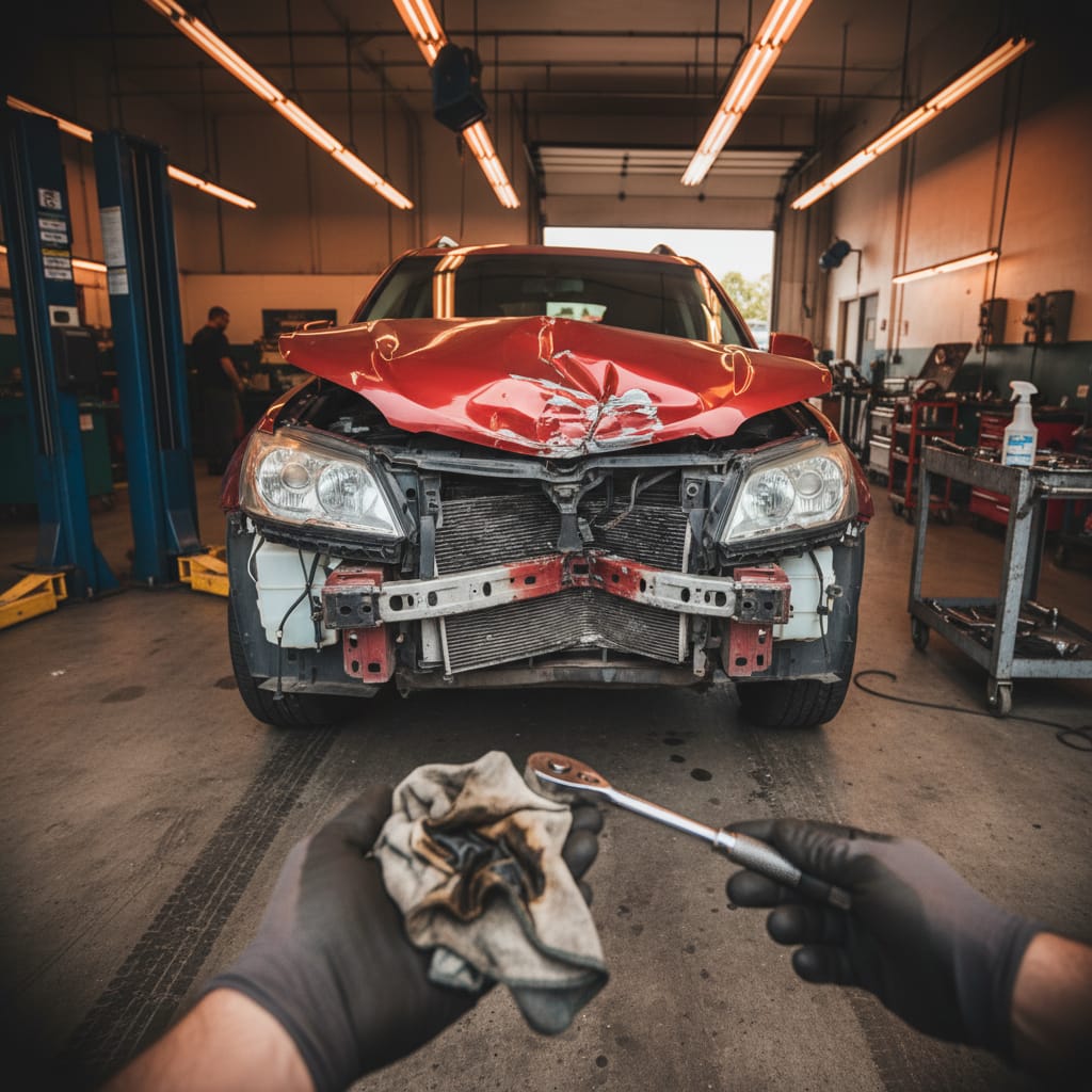 Mid-size SUV with front-end collision damage in a body shop bay, crumpled hood visible