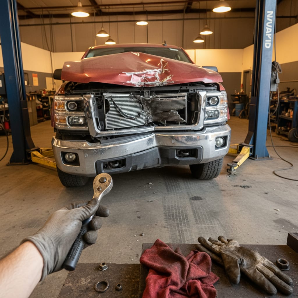 Full-size pickup truck with front-end collision damage in a body shop, crumpled hood visible