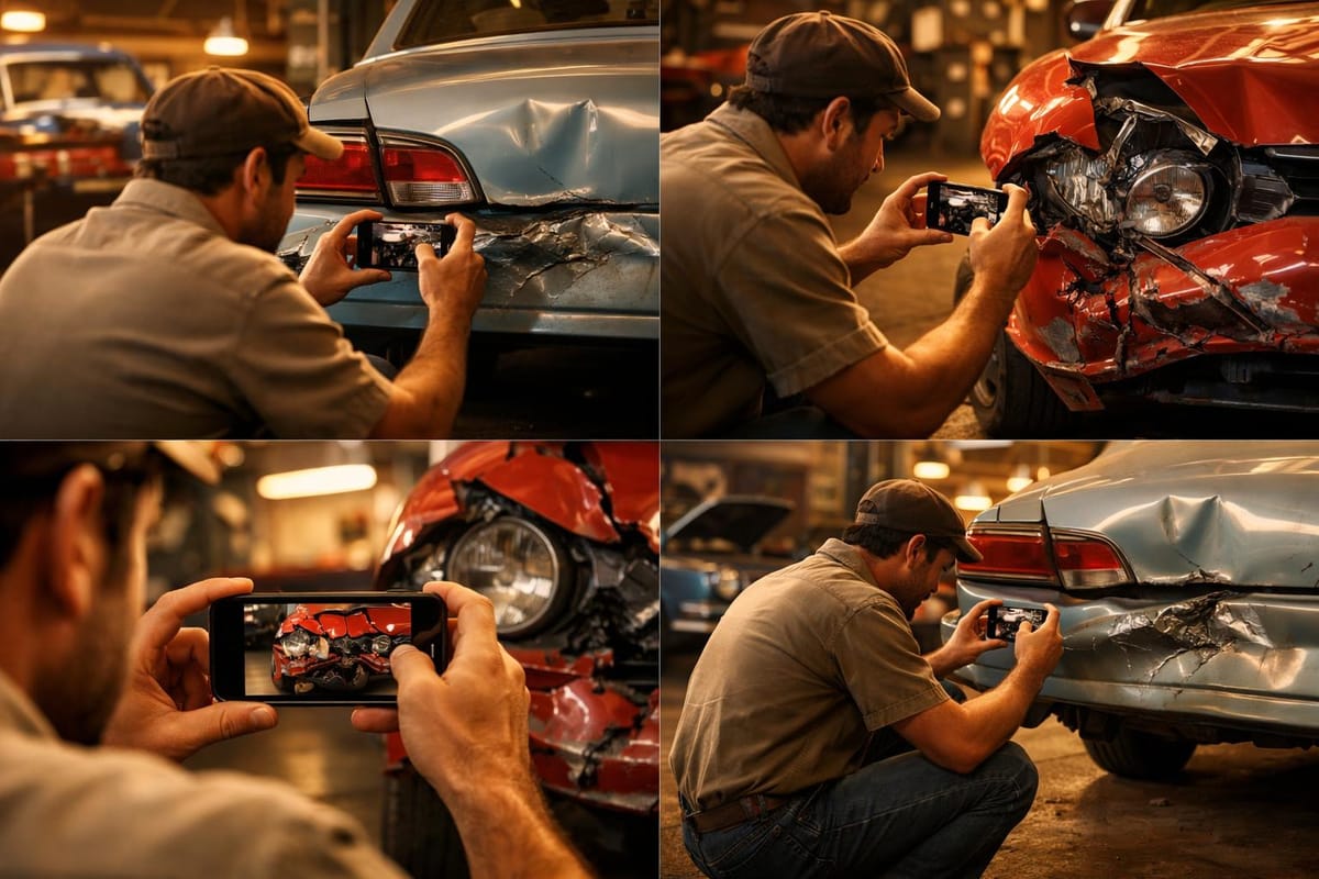 Person photographing car damage with a smartphone at an accident scene, capturing multiple angles of both vehicles