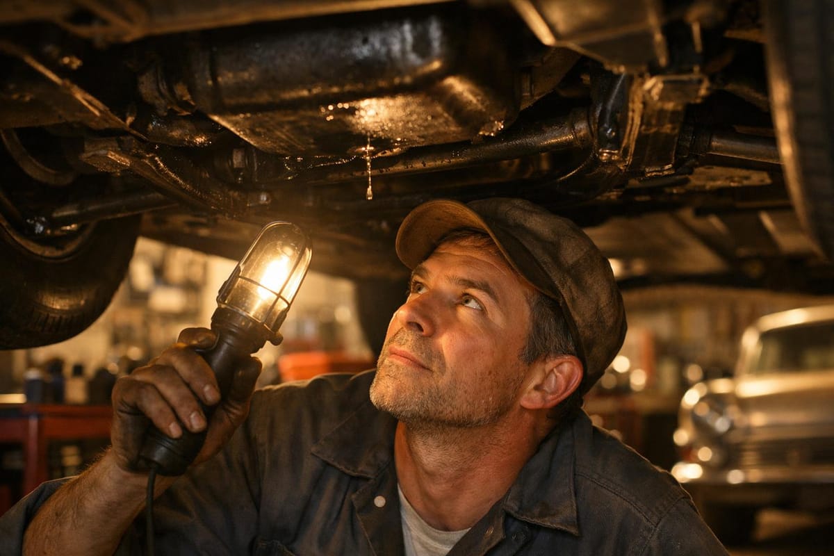 Mechanic at eye level inspecting underneath a car for fluid leaks and structural damage after a collision, shop bay, warm lighting