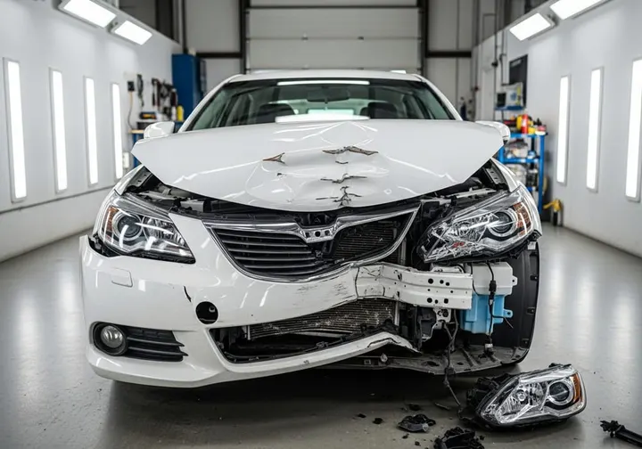 Front-end collision damage on a vehicle